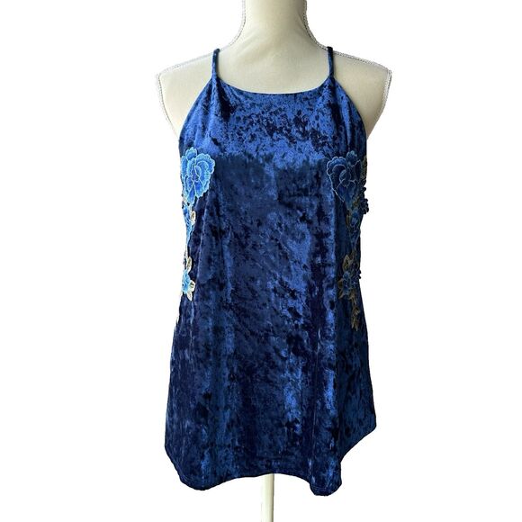 Charming Charlie Floral Applique Crushed Velvet Cami Tank Top Blue Womens Large - Picture 7 of 14